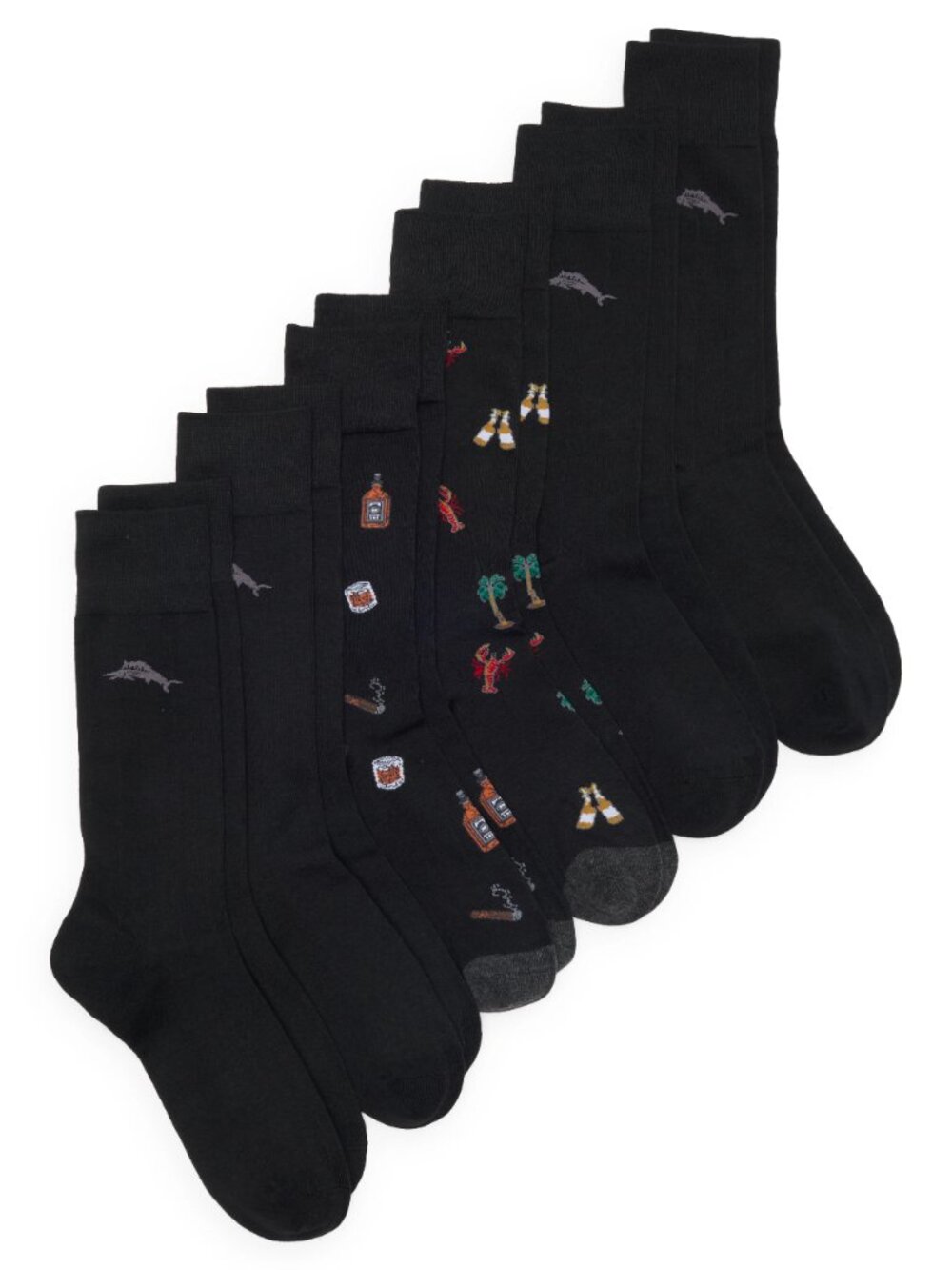 Tommy Bahama 6 Pack Crew Black Socks $82.50 Whiskey Cigars Palms Marlin Lobster